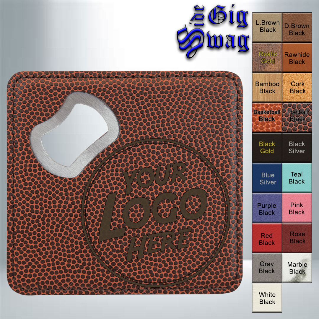 Premier Drinkware Leatherette Coasters with Bottle Opener, 4 inch Square - Laser Engraved