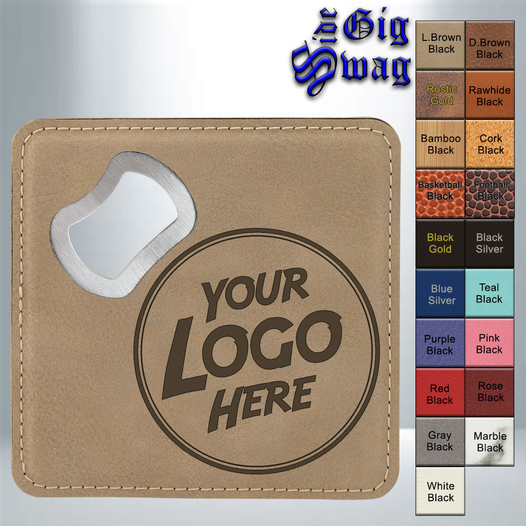 Premier Drinkware Leatherette Coasters with Bottle Opener, 4 inch Square - Laser Engraved