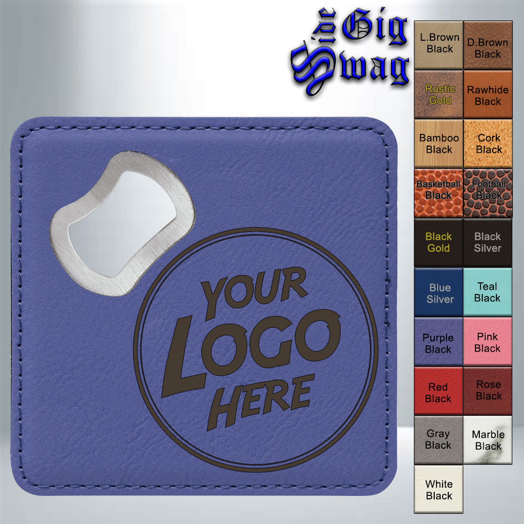 Premier Drinkware Leatherette Coasters with Bottle Opener, 4 inch Square - Laser Engraved