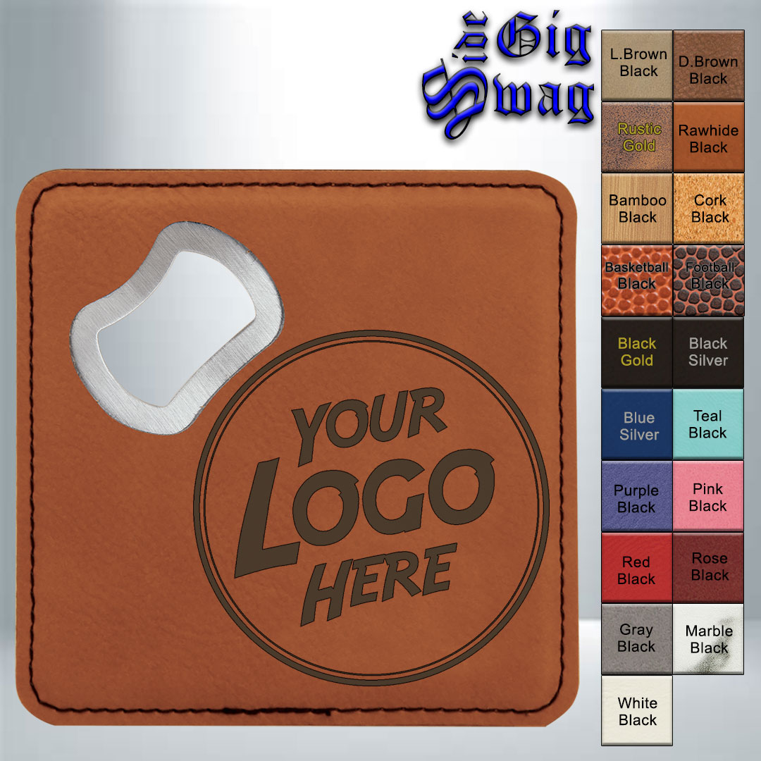 Premier Drinkware Leatherette Coasters with Bottle Opener, 4 inch Square - Laser Engraved