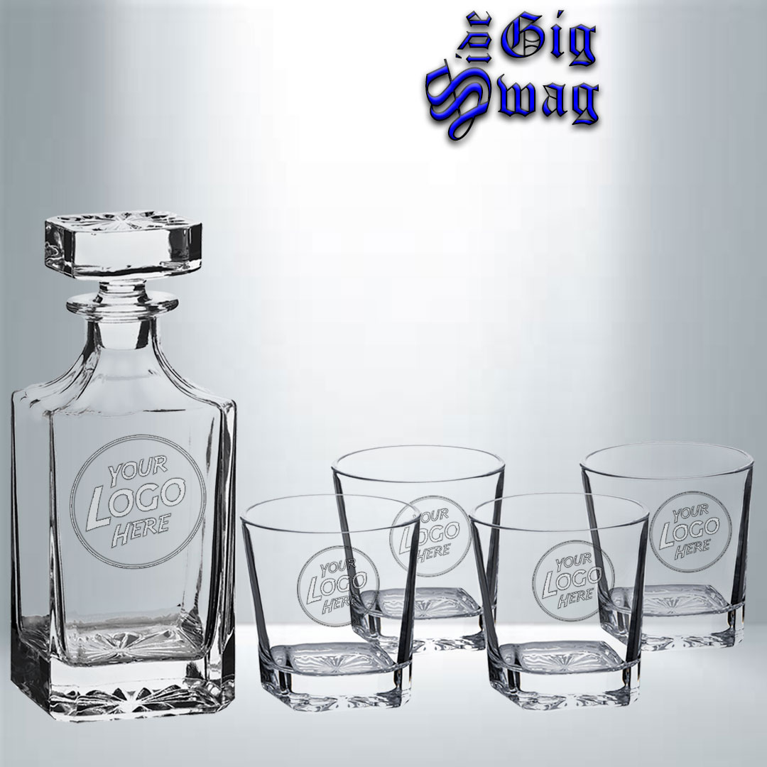 Decanter Set, 750 ml Square with 4 Square Rocks Glasses, 11 oz - Laser Engraved