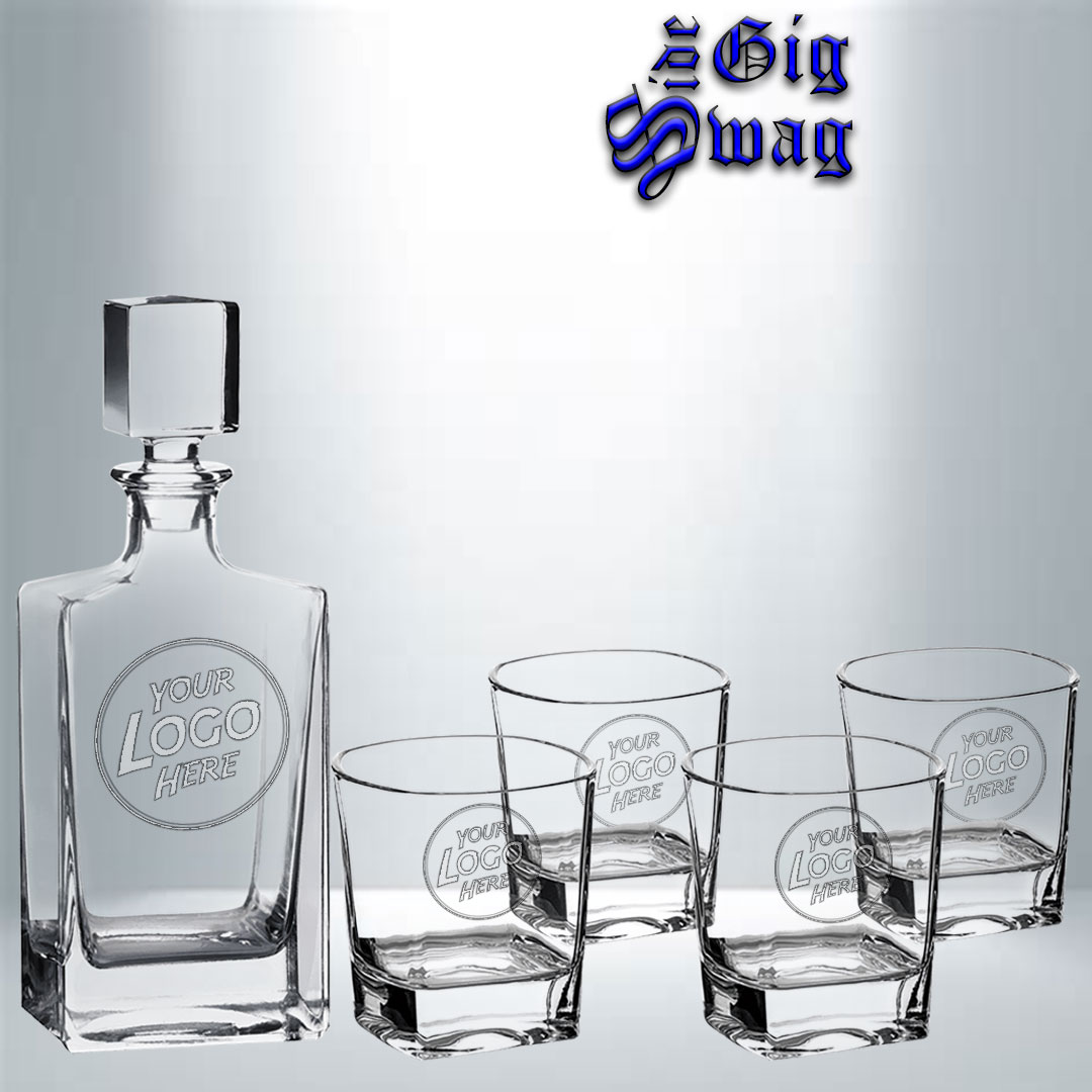 Decanter Set, 810 ml Rectangle with 4 Rectangle Rocks Glasses, 8 oz - Laser Engraved