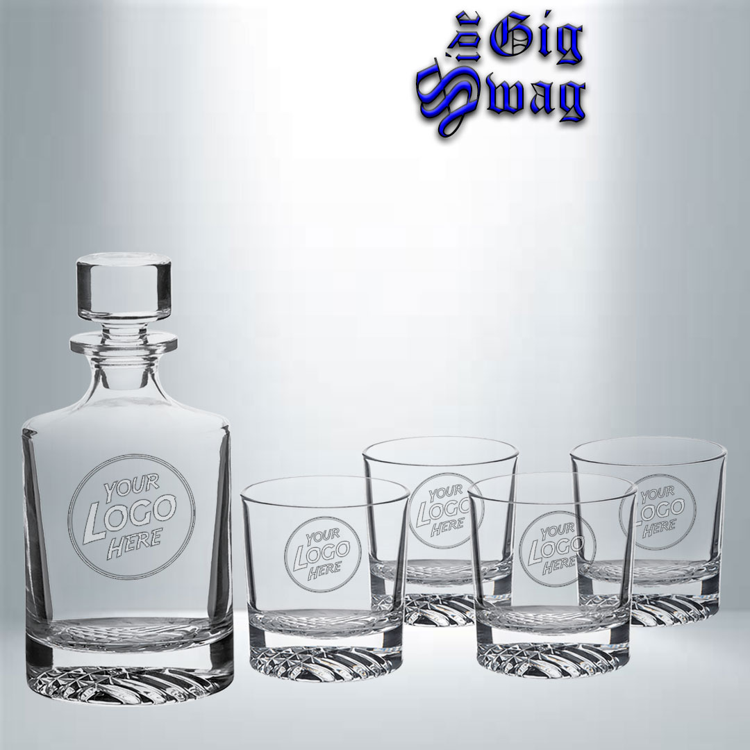 Decanter Set, 850 ml Round with 4 Round Rocks Glasses, 11 oz - Laser Engraved